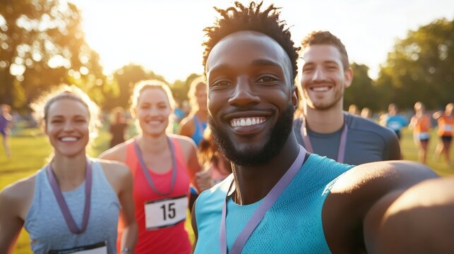 Sweaty group celebrates after 5km race with gleaming medals outdoors