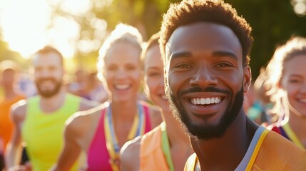 Sweaty group celebrates 5km race with medals in bright outdoor park
