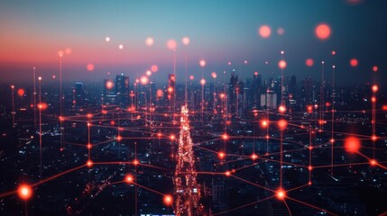 Aerial view of a modern city at twilight, with glowing network connections.