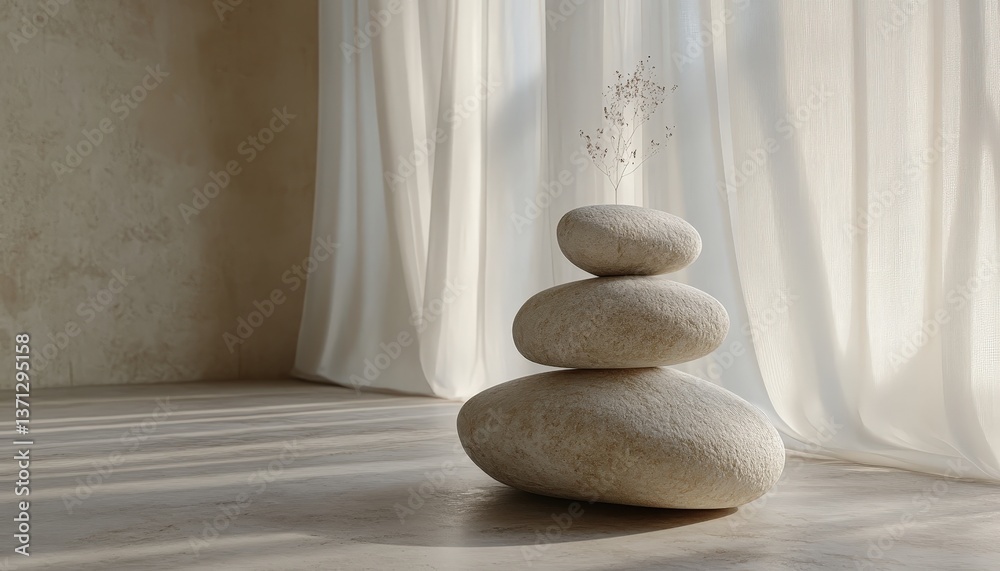 Poster three stacked stones resting on a smooth surface in a serene environment exuding tranquility and cal