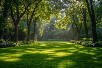 Obraz premium Gentle sunlight filtering through leafy trees in a peaceful garden, creating dappled shadows on the soft grass. The scene is tranquil and serene, with the leaves softly rustling in the breeze