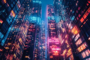 Futuristic skyscrapers with glowing windows in a cyberpunk cityscape