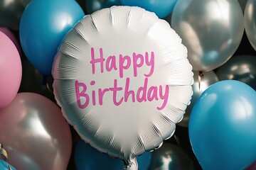 A single large balloon with "Happy Birthday" in soft script, surrounded by matte balloons