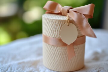 A small cylindrical gift box wrapped in textured paper, secured with a silk bow and a tag