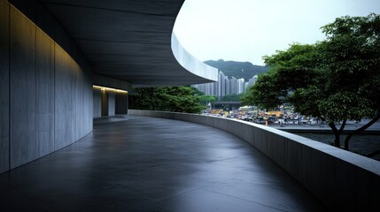 Modern architectural walkway with curved design overlooking a vibrant harbor and cityscape