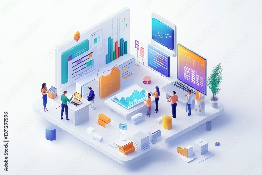 Poster digital workspace showcasing collaborative data analysis and presentation in a modern office setting