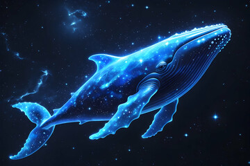 Fototapeta premium Images of stars resembling blue whales,shark in the night,Illustrate bioluminescent plankton glowing in the water as a dolphin swims through, creating a magical scene.