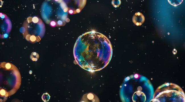 Iridescent soap bubbles float in dark space a magical ethereal scene with bokeh effects and a dreamy whimsical feel Dark background