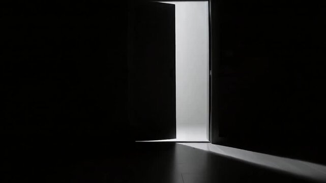 Dark, door, open, light, black, white, contrast, doorway, entrance, exit, shadow, bright, minimalist, modern, mysterious, dramatic, empty, room, hallway, monochrome, silence, solitude, transition, pas