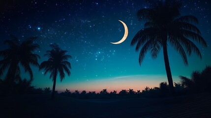 Palm trees are silhouetted against a twilight sky and starry night