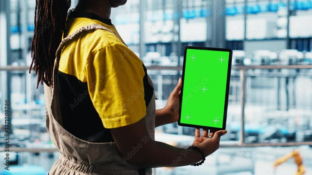 Poster robotics technician using chroma key device in smart factory calibrating iot sensors, close up. engi