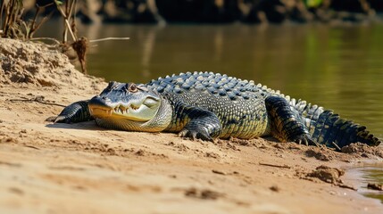 Fototapeta premium American alligator basking on sandy riverbank.