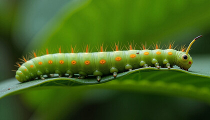 Fototapeta premium Vibrant green caterpillar resting on a leaf in nature, Caterpillars on leaves, Garden pests 