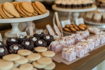 A table display featuring a variety of cookies, mini desserts, and small wrapped party favors