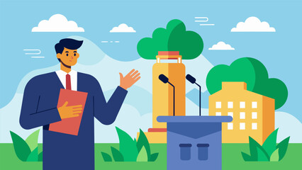 Naklejka premium A guest speaker at a college campus event sharing the importance of investing in clean coal technology for a sustainable future.. Vector illustration
