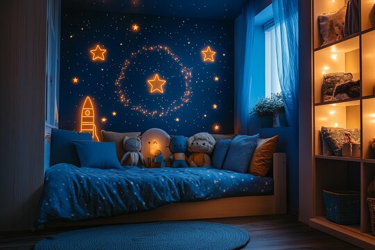 A cozy childs bedroom decorated with space themed imagery and soft lighting