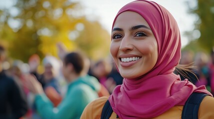Cheerful Muslim female runner in marathon with vibrant hijab and crowds