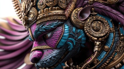 Colorful and intricate depiction of a mythical creature adorned with ornate accessories, showcasing craftsmanship