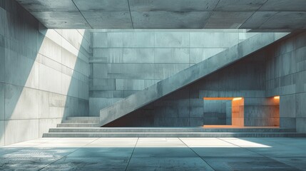 Modern concrete interior, stairs, daylight, open space, architectural design