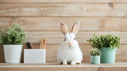 White rabbit on wooden shelf with plants