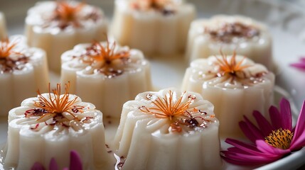 Indian sandesh Bengali paneer sweet shaped into decorative forms arranged a white dish