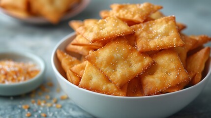Indian shakkarpara crispy sugar coated flour snacks diamond shapes served in a white bowl