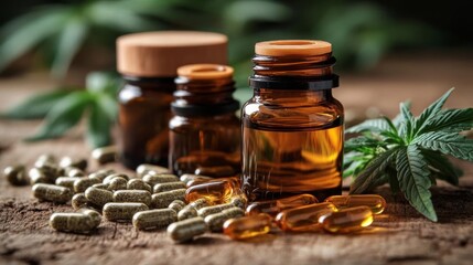 Cannabis Capsules and Oil Bottles- Realistic Product Photo