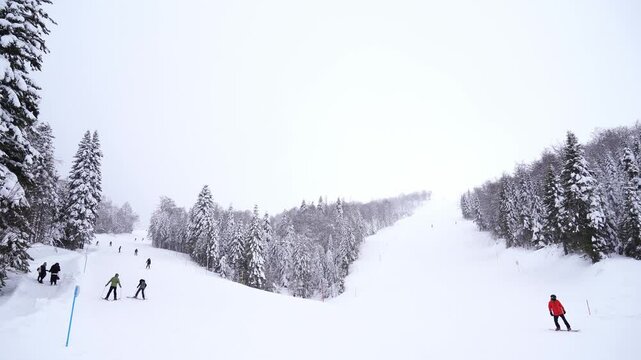 Skiers descend on different snow-covered slopes at Kolasin 1600 Ski Center