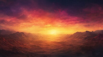 Dramatic Mountain Landscape at Dusk with Orange and Purple Sky