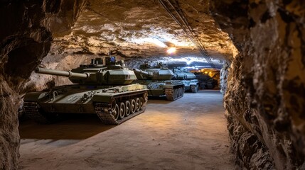 Tanks displayed in an underground bunker, showcasing military history and preservation efforts