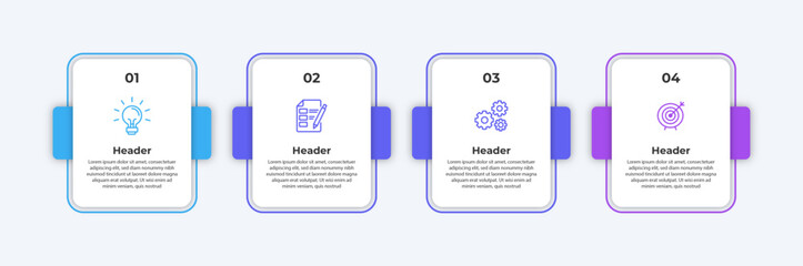 Numbered list of four steps with a light bulb a checklist gears and a target.