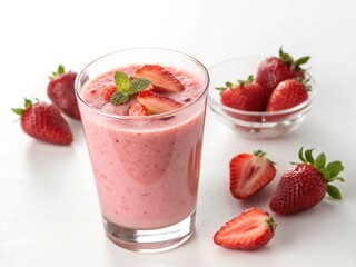 Strawberry smoothie with fresh mint on white background