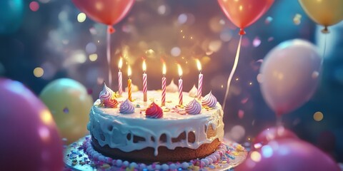 Celebration cake adorned with colorful balloons and candles during a festive gathering