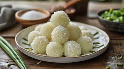 Indonesian klepon glutinous rice balls filled palm sugar and rolled in coconut served on white dish