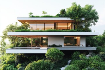 Modern hillside residence blends contemporary architecture with lush greenery in a peaceful natural setting