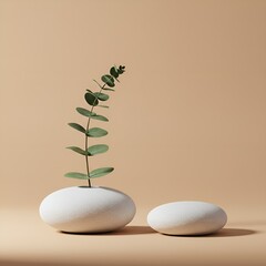 Eucalyptus branch in stone vase on beige background