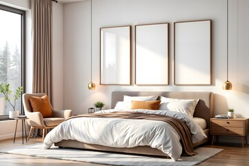 Cozy Bedroom Interior Decor with Neutral Tones and Framed Wall Art