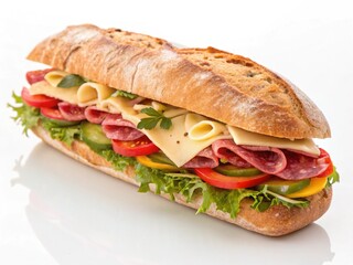 Sandwich with ham and vegetables on white background, sandwich