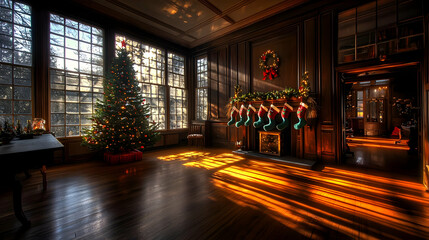 Pixelated Christmas Interior Scene With Tree Fireplace And Stockings