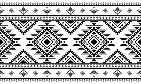 Ancient echoes Aztec geometric seamless pattern southwest Navajo Native American tribal ethnic black and white for textile printing