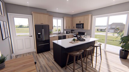 Fototapeta premium Modern kitchen interior with island appliances and outdoor views