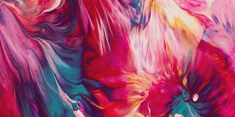 Abstract painting featuring swirls of pink red and teal creating a dynamic and fluid composition