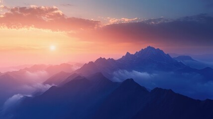 Fototapeta premium Mountain landscape with clouds and alpine panorama at dawn