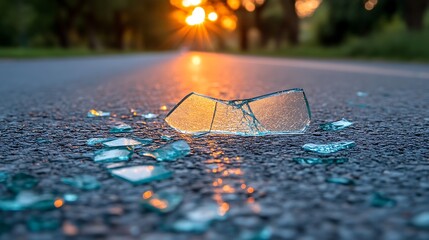 Broken glass scattered on an asphalt road at sunset
