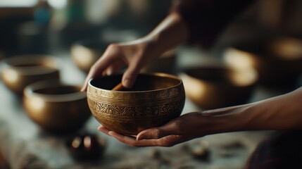 A skilled artisan delicately crafts a singing bowl in a serene workshop filled with tools