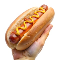 A hand holding a hot dog isolated on white background