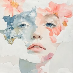 Double Exposure Art of Woman&rsquo;s Face with Flowers and Vitiligo