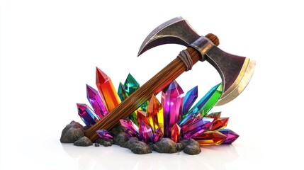 Magical Axe Embedded in Vibrant Crystals and Rocks Fantasy Weapon for Adventure and Treasure H