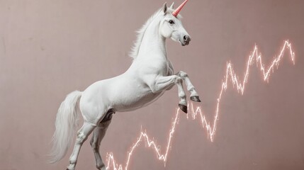 Unicorn foal galloping up a hockey stick graph in a spa environment creative fantasy illustration