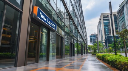 Obraz premium Now Leasing Sign Outside Modern Office Building with Glass Facade